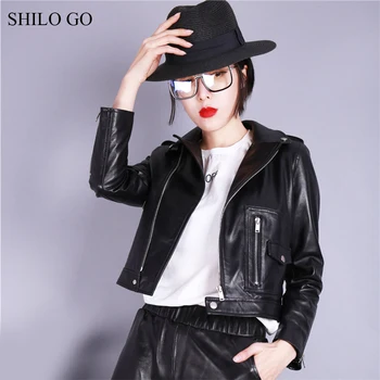 

SHILO GO Leather Jacket Womens Spring Fashion sheepskin genuine leather Coat lapel collar zipper long sleeve Casual locomotive