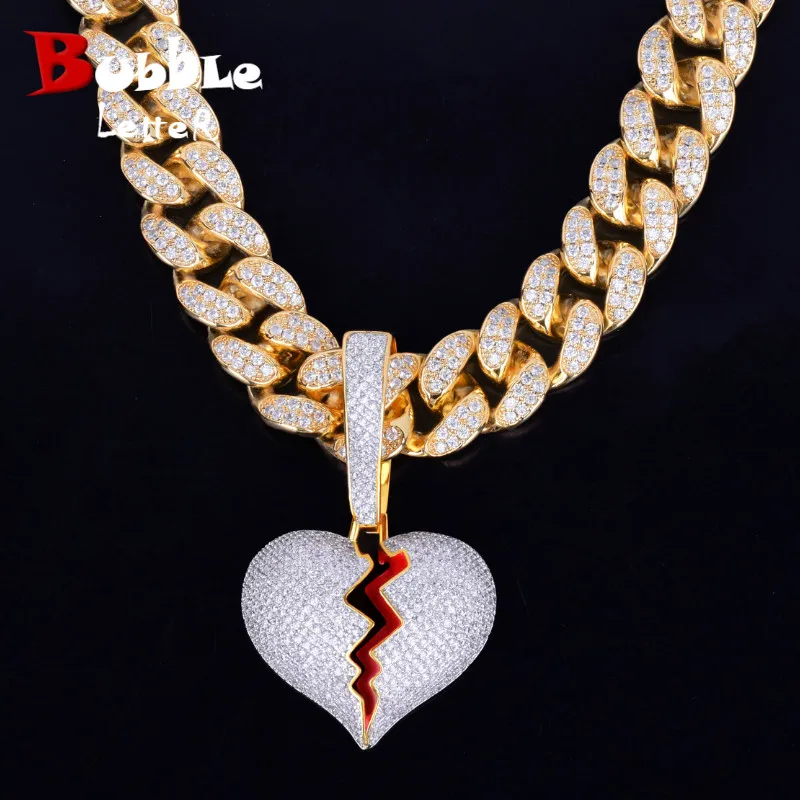 

With 20MM Cuban Chain Gold Silver Broken Heart Pendants Necklaces Bling AAA Zircon Men's Hip Hop Jewelry For Gift