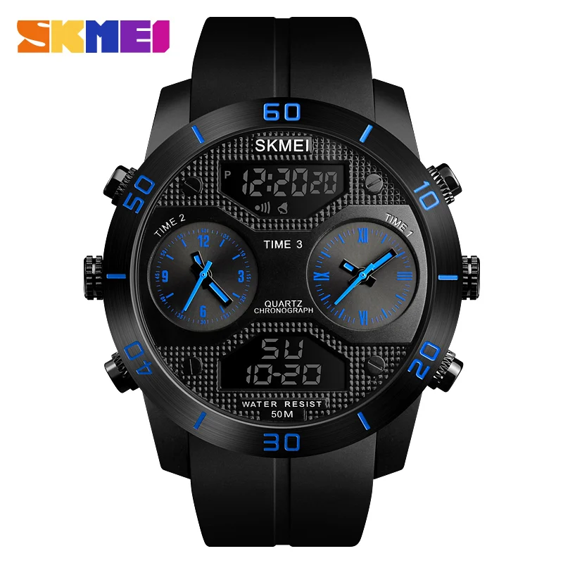 SKMEI мужские многофункциональные спортивные часы, светодиодный, цифровые наручные часы, 5 бар, водонепроницаемые, военные, 3 времени, часы с будильником, Relogio 1355 - Цвет: Blue
