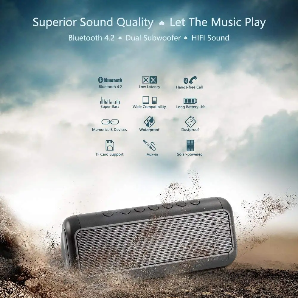 Солнечная энергия 12 Вт портативный Bluetooth динамик Бас Сабвуфер 30 часов aux PC boombox
