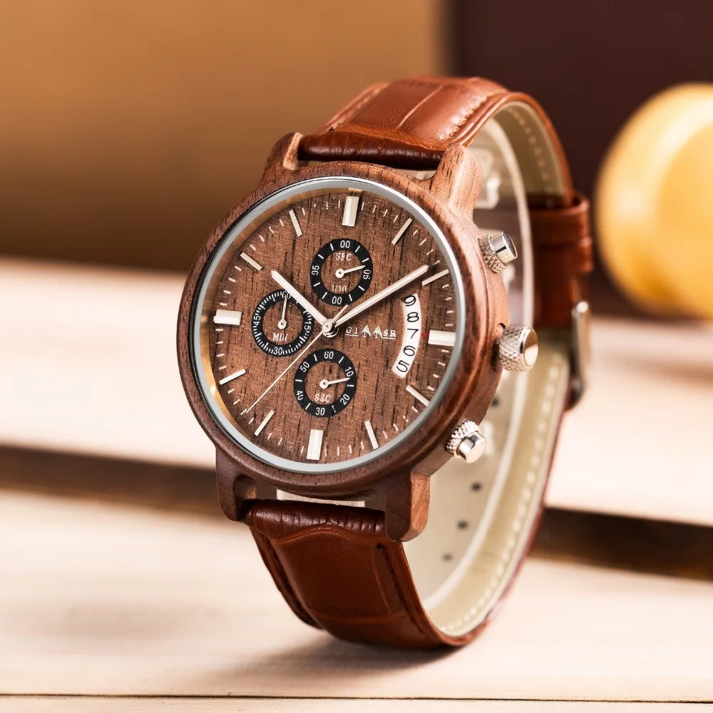 

New Men`s Wooden Watches Men Relogio Masculino Top Brand GIMSR Luxury Stylish Chronograph Military Wood Watch Great Gift for Man