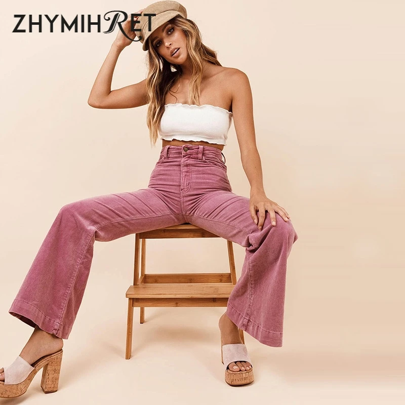 

ZHYMIHRET Women High Waist Corduroy Flare Pants 2018 Autumn Winter Fashion Women Trousers High Streetwear Capris Pantalon Femme
