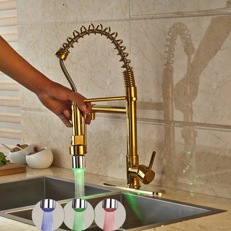 

Wholesale and Retail Kitchen Spring Sink Mixer Faucet Gold Finish with LED Light