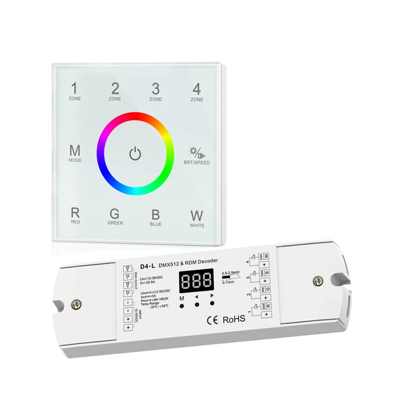 New T14 Wall Mount Touch Panel DMX master and DMX CV decoder 100V-240V 4 Zone 2.4GHz RF Wireless + DMX Led rgbw strip Controller