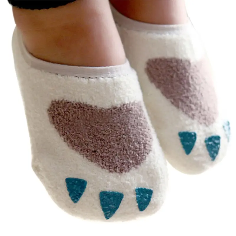 Теплые нескользящие бархатные носки кораллового цвета для маленьких девочек тапочки ботинки - Цвет: Белый