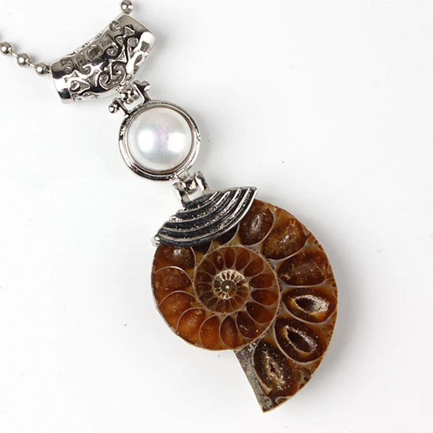 

Trendy-beads Uniqe Silver Plated Natural Ammonite Reliquiae Synthetic Pearl Beads Pendant Fashion Jewelry