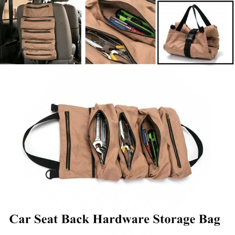 

Canvas Material Portable Car Seat Back Tool Roll Plier Screwdriver Wrench Storage Bag Pouch Kit