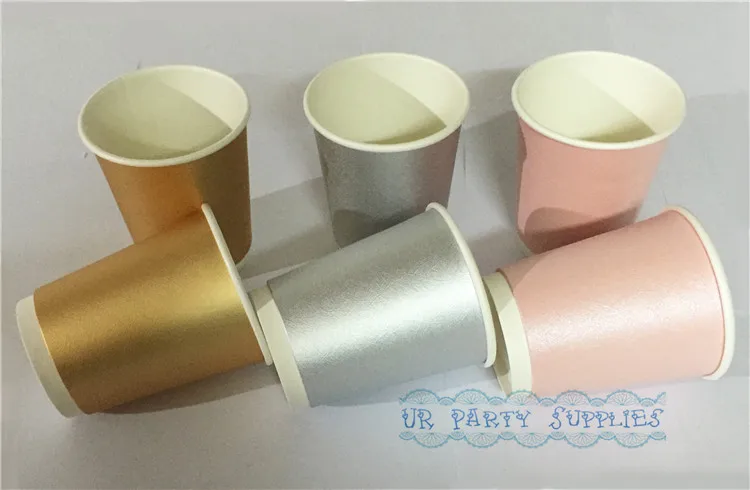 

90pcs/lot Metallic Silver Gold Baby Pink Cups Wedding Favor 280ml Cold/Hot Drinking Cups Christmas Party Treat Cups