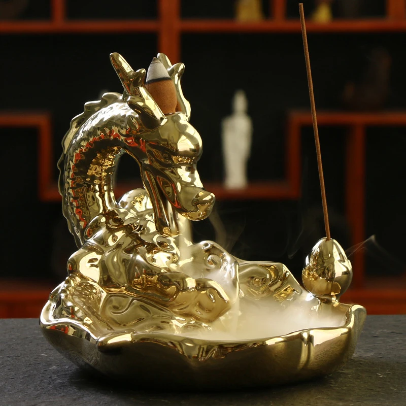 

Backflow Incense Burner Home Decor Ceramic Dragon Stick Incense Holder Gold Plated Aroma Censer + 10Pcs Incense Cones