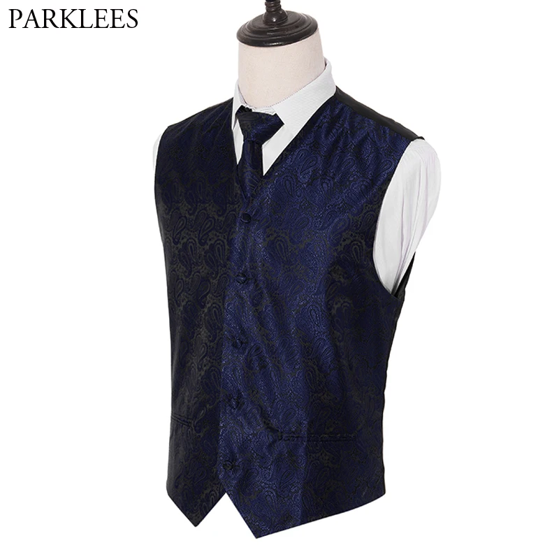 Men's Navy Paisley Floral Jacquard Waistcoat Necktie and Pocket Square Vest Suit Set Party Wedding