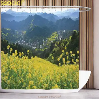 安い 防水シャワーカーテンファームハウスの装飾花草原上村山に行草新鮮なフィールド黄緑