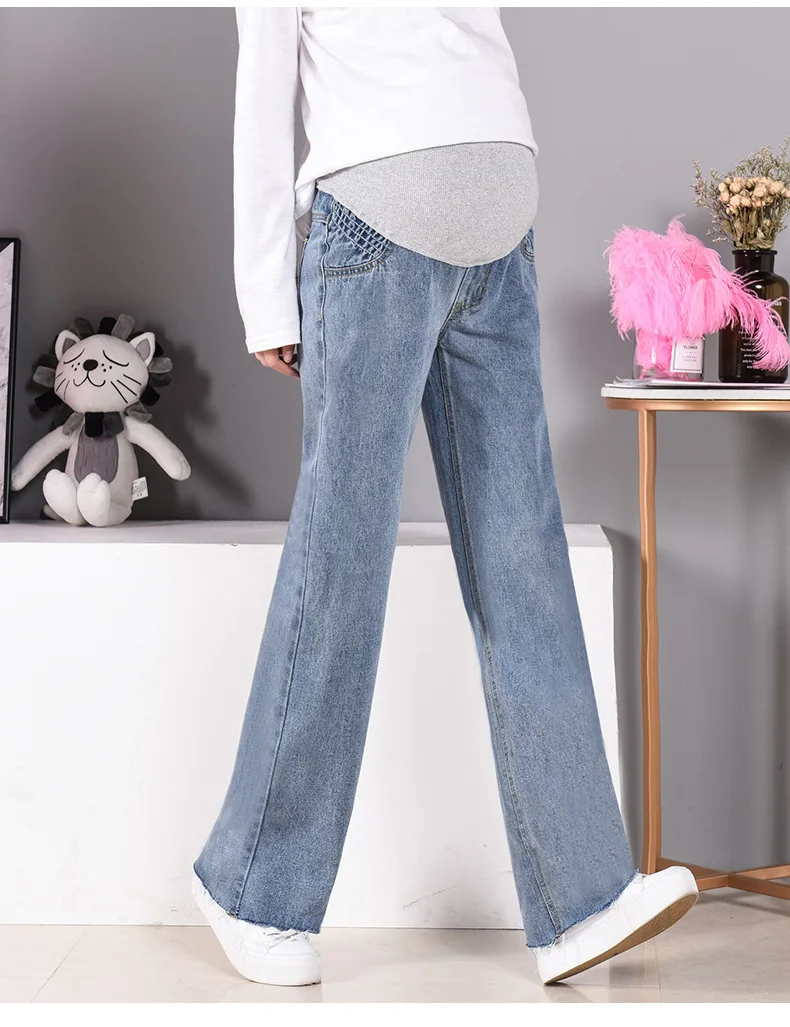 Для беременных женщин широкие брюки осень Весна Новые модные джинсовые штаны живот Лифт прямые свободные штаны