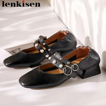 

2019 plus size full grain leather buckle straps big size popular grandma shoes rivets pearls decoration party dating pumps L5f2