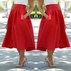 Летний Стиль 2016 новинка юбки для женщин женские, faldas largas, Красный Высокая талия и до середины икры модные уличные оснастки отдыха falda