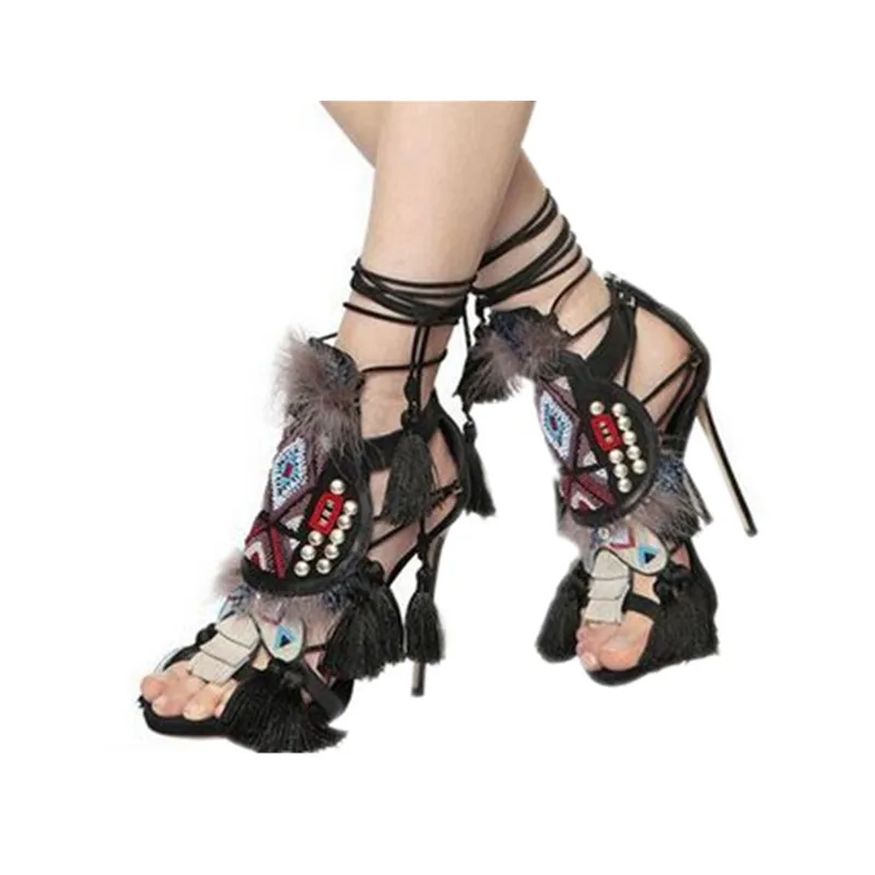 Hot Feather Fringe Lace Up Ankle Tie Women Sandals High Heels Gladiator Sandals Women Summer Boots Shoes Woman Sandalias Mujer