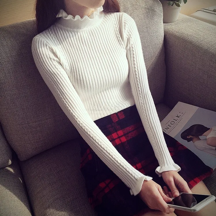 2019 new Fashion half Korean women knitted cashmere sweater slim petal collar shirt Elastic Bottoming Turtleneck Twist Pullover 2019 new Fashion half Korean women knitted cashmere sweater slim petal collar shirt Elastic Bottoming Turtleneck Twist Pullover