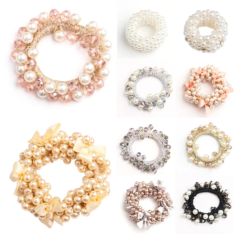 

Fashoin Handmade Imitation pearls Women Hair Band Hair Accessories Crystal Elastic champagne Hair Rope Horsetail holder