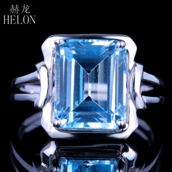 

HELON Solid 14K White Gold 8.5X10.5mm Cushion Cut Gemstone 6ct 100% Genuine Sky Blue Topaz Solitaire Engagement Wedding Ring