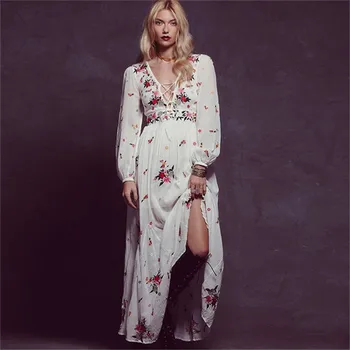 

2019 Bohemian Dress Sexy Celebrity Elegant Full Slit Women Embroidery Deep V Neck Bandage Casual Loose Party Dresses Wholesale