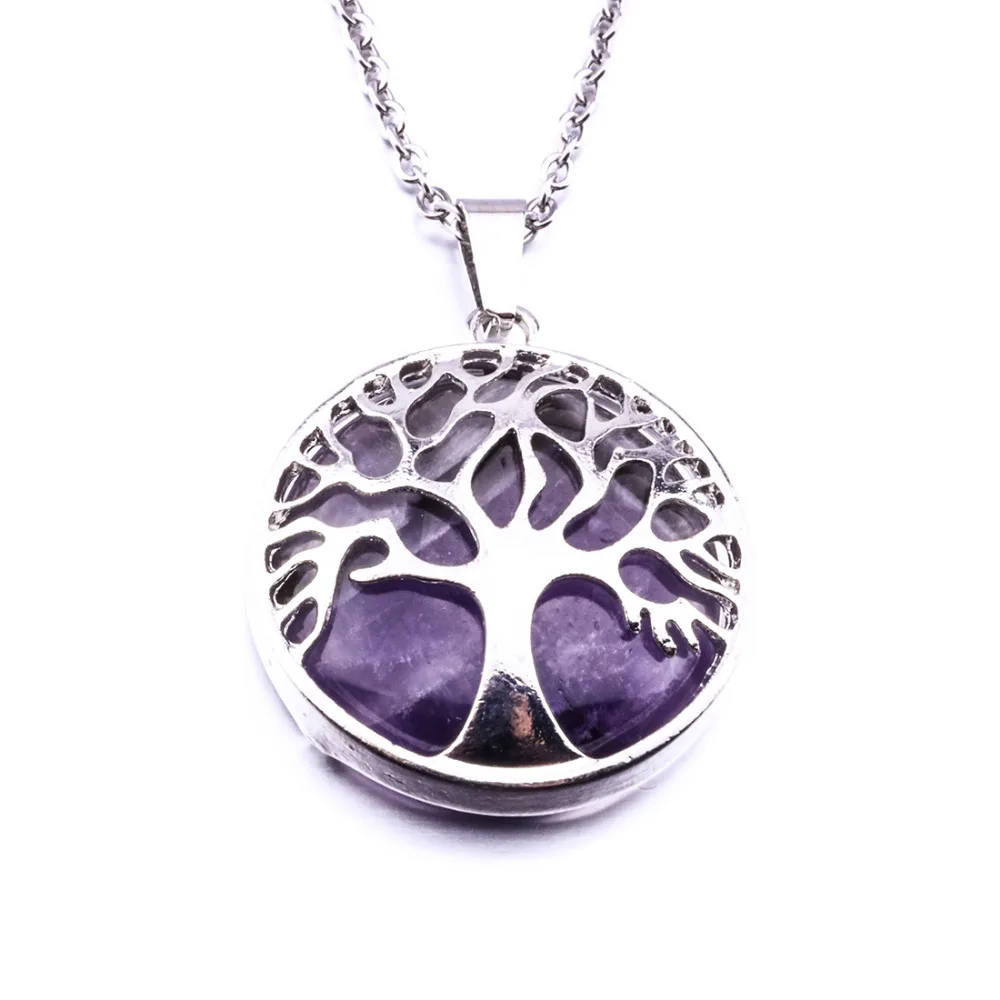 

Nnatural Stone Hollow out Tree Of Life Necklace Purple Pink Crystal Kallaite Stone Life Tree Necklace For Women Jewelry