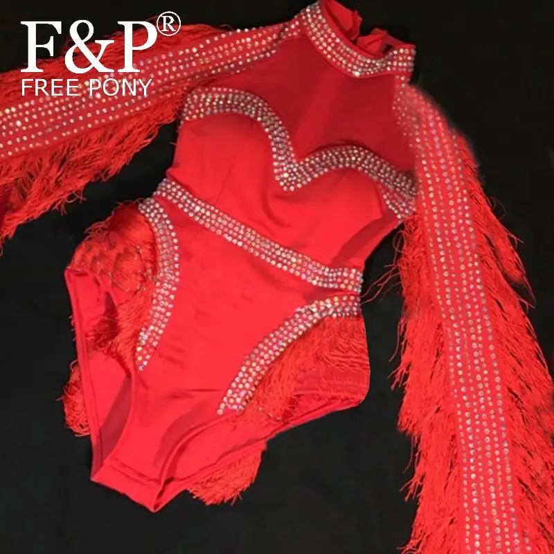 

Drag Queen Costumes Red Fringe Jumpsuit Rhinestone Bodysuit Dancer Costumes Women Outfit Diamonds Bodysuit Birthday Party Wear