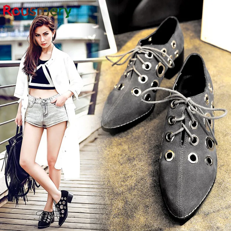 Cool Hollow Lace-Up Woman Pumps Spring Autumn Metal Decoration Chunky High Heels Woman Shoes Pointed Toe Soft Zapatos Mujer