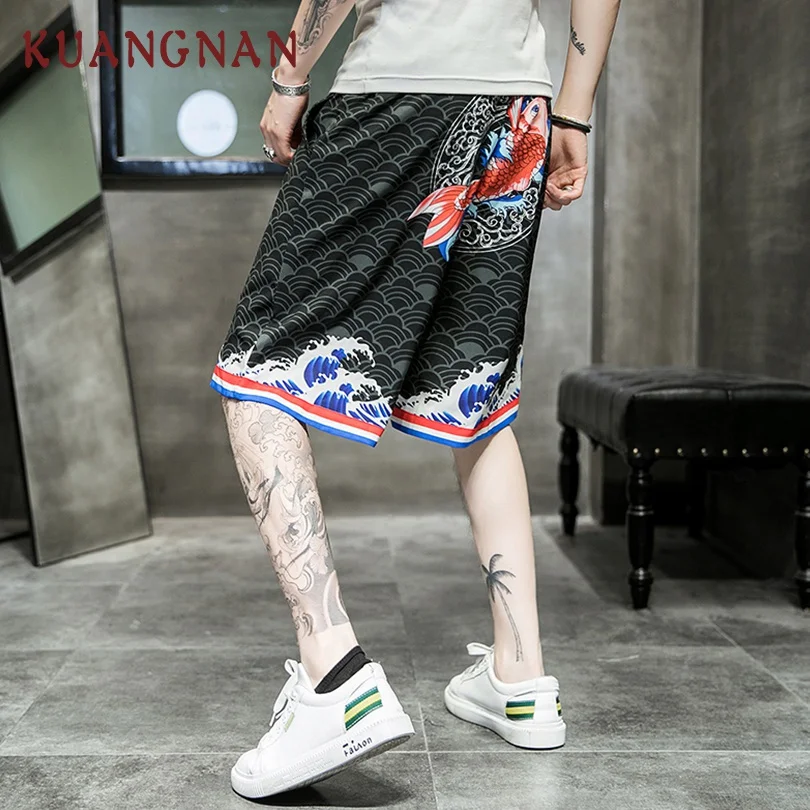 

KUANGNAN Japan Style Red Carp Print Knee Length Shorts Men Streetwear Casual Shorts Men 5XL Clothing Mens Shorts Summer 2019 New