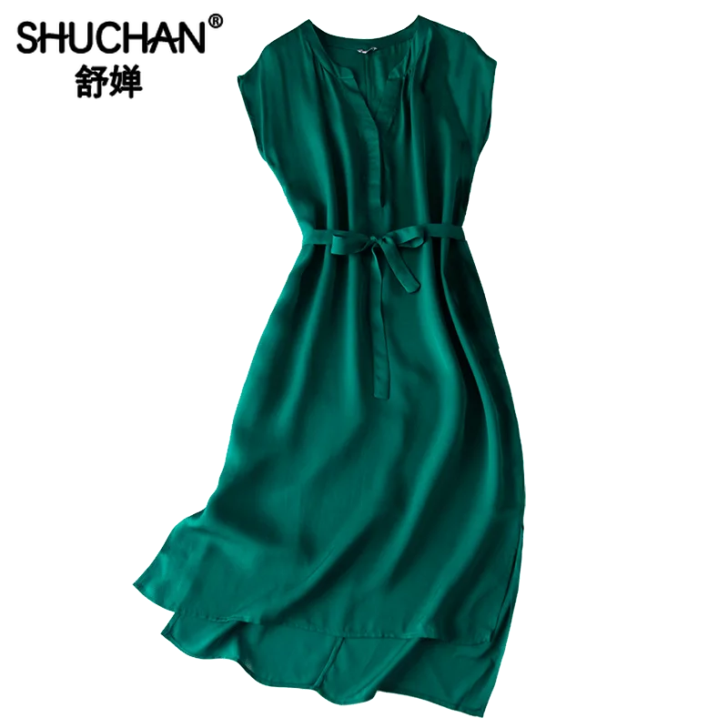 

Shuchan Office Lady Green Tank Dress with Sleeveless Mid-Calf V-Neck Elegant Dresses for Women Natural Silk High Quality Dress
