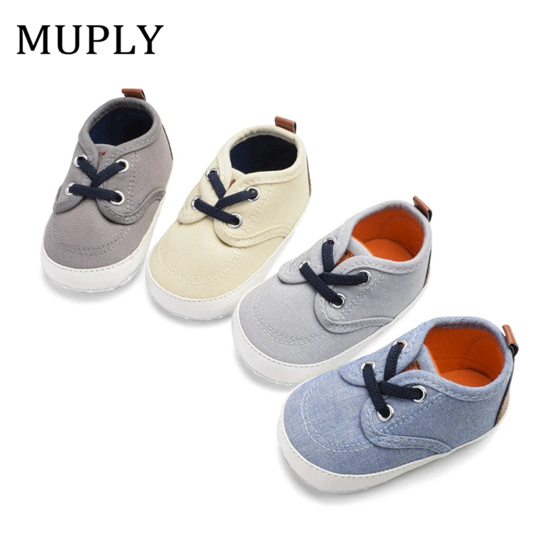 

2019 New Baby Girl Boy Shoes Newborn Canvas Solid Lace-up First Walker PU Leather Decoration Soft Sole Chaussure Anti-Slip Kids