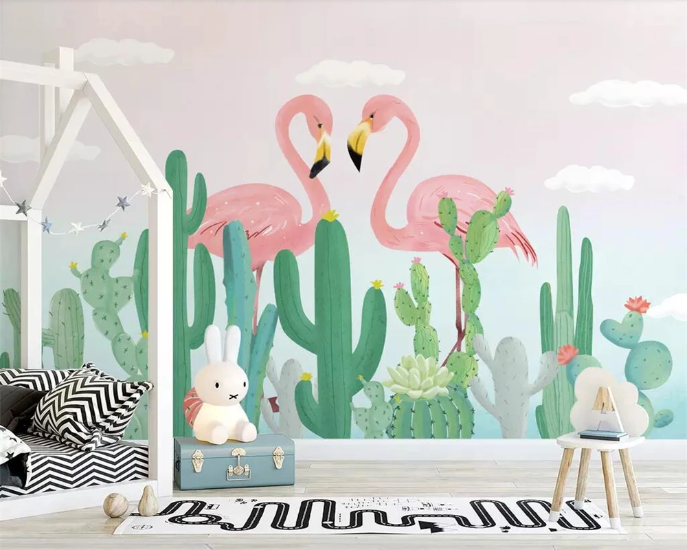 

Beibehang 3d Wallpaper mural hand-painted tropical plants flamingo cactus children's room background wall paper home decoration