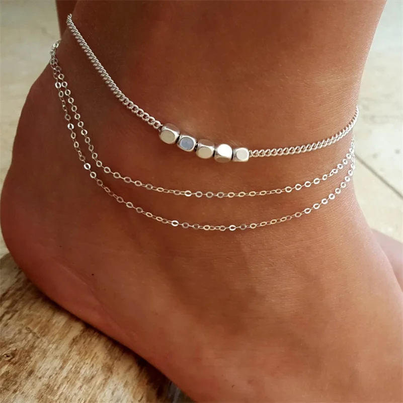 Минималистский площадь бусы геометрические Многослойные Серебряные ножные браслеты модная одежда для девочек пляжные вечерние украшения