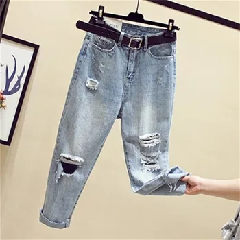 

Light blue Straight Hole Loose Ripped Casual Jeans 2019 New Spring and Summer Ankle-length pants Women's High-waist clothing