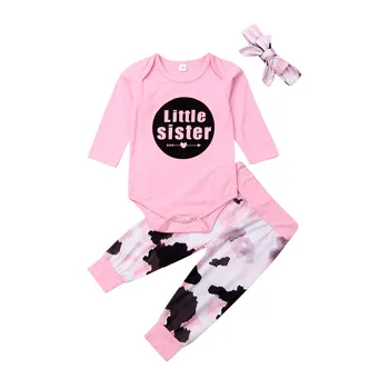 

2019 Lovely 3Pcs Newborn Infant Baby Girls Little Sister Romper Pants Leggings Headband Casual Cotton Outfits 0 to 24M