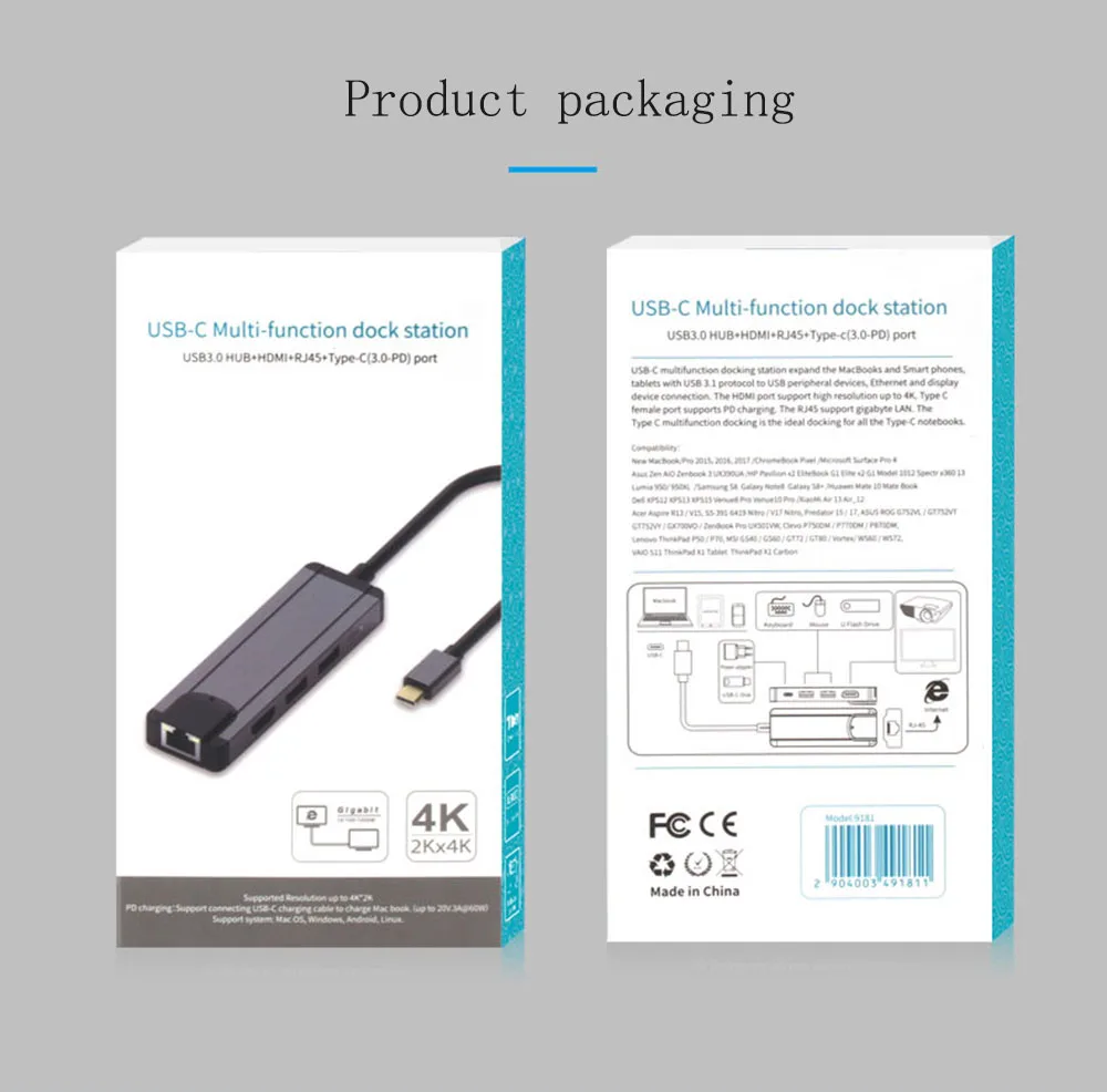 Док-станция Fealushon type C-HDMI USB3.0 RJ45 Gigabit PD Hub для ноутбука Macbook Pro hp DELL Surface lenovo samsung Dock