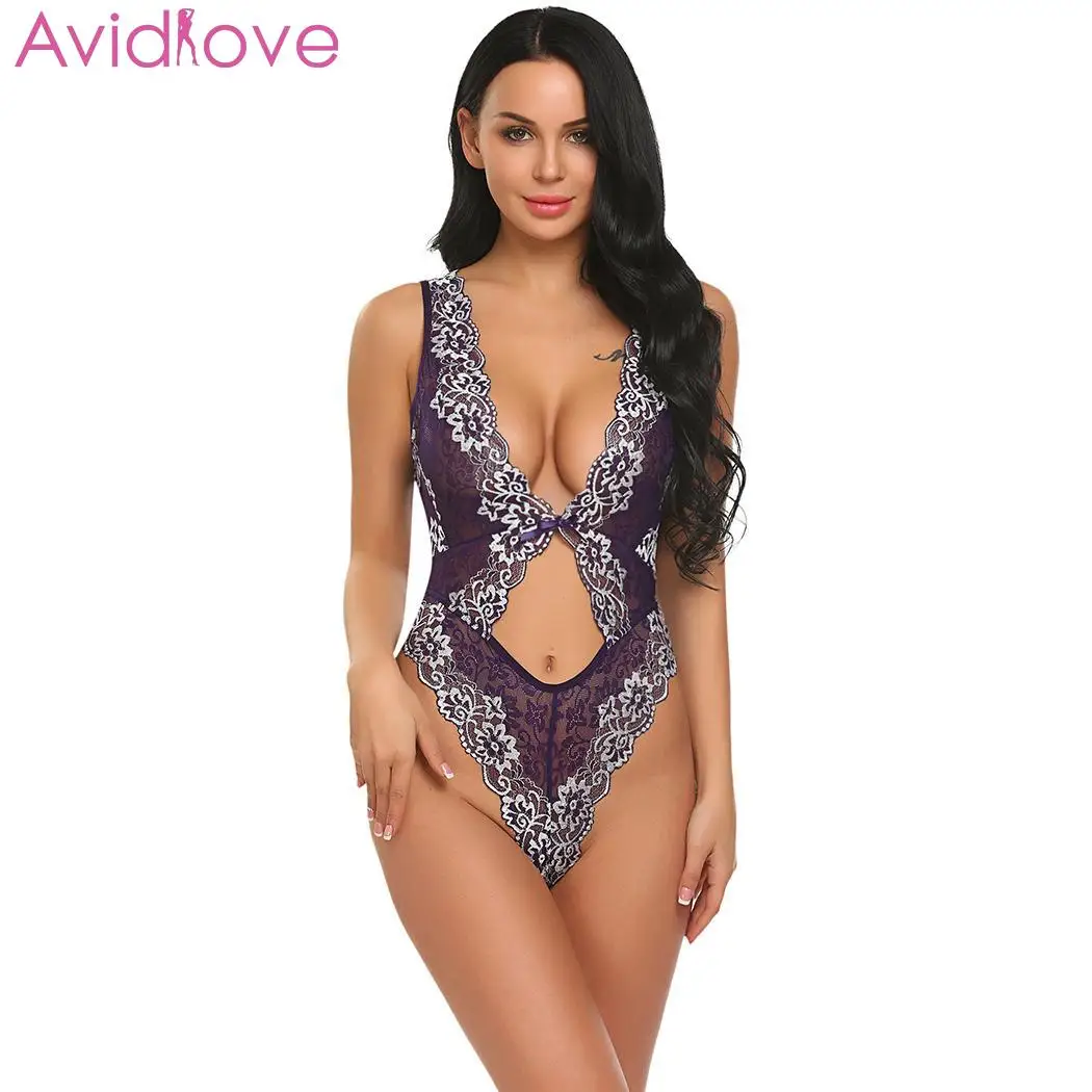 Avidlove, женское сексуальное нижнее белье с кружевной отделкой, сексуальное нижнее белье, Lenceria, эротическое, Babydoll, цельное, с открытой спиной, прозрачное, кружевное, плюшевое - Цвет: Purple