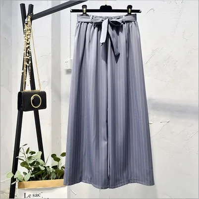 TCJULY осень дизайн широкие брюки с Бант в полоску пояса эластичный пояс свободные женские брюки уличная палаццо брюки - Цвет: Gray