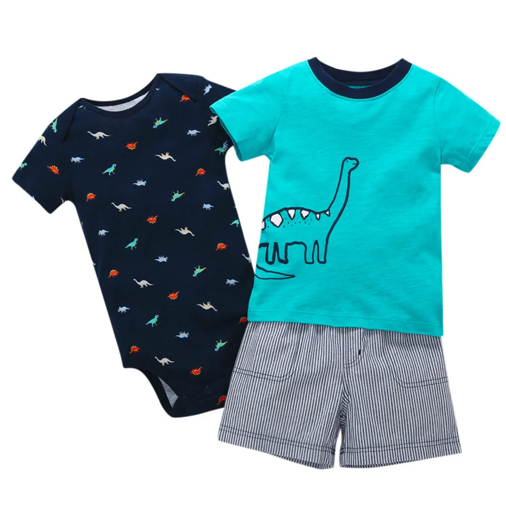 3PC Infant Baby Boys Dinosaur Printing Tops+Romper+Stripe Pants Outfits Set summer baby Boys clothes Tracksuit Toddler sweatsuit