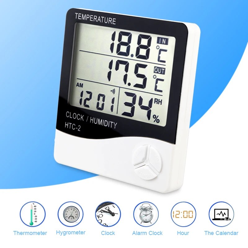 

HTC-2 Digital Thermometer Hygrometer LCD Indoor Outdoor Alarm Clock Temperature Humidity Meter Weather Hygrometer Thermometer