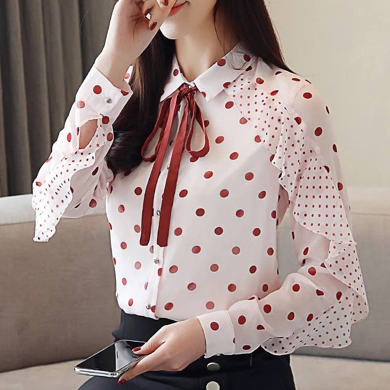 

New Style Fashion Female Wave Dots Slim Long Sleeve Leisure Bow Tie Chiffon Shirts Blouses