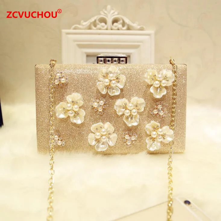 

2019 new flower handbags PU leather shiny dinner banquet package banquet diamond buckle metal chain shoulder diagonal package