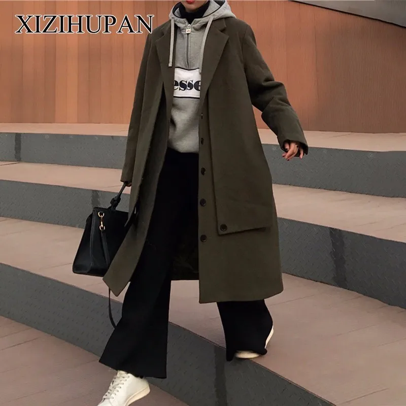 XIZIHUPAN Woolen Coat Female Long Sleeve Turn Down Collar Loose Thick Overcoat Button Solid Colour Top Fashion New Tide | Женская одежда