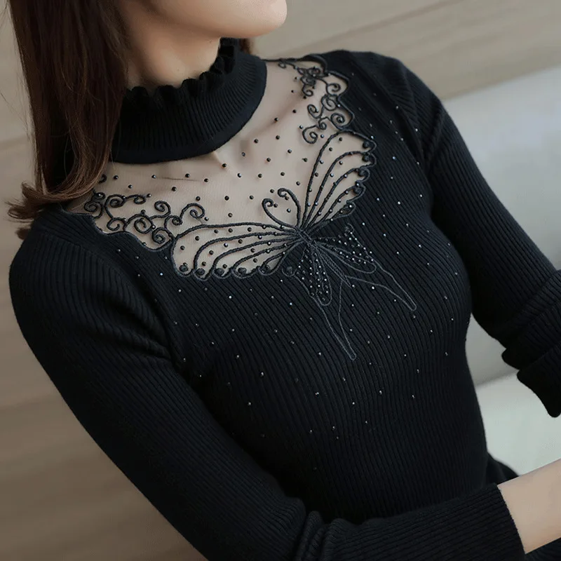 

2017 Autumn Winter Lace Knitted Sweater And Pullover Women Tops Slim Turtleneck Long Sleeve Chic Jumper Pull Femme