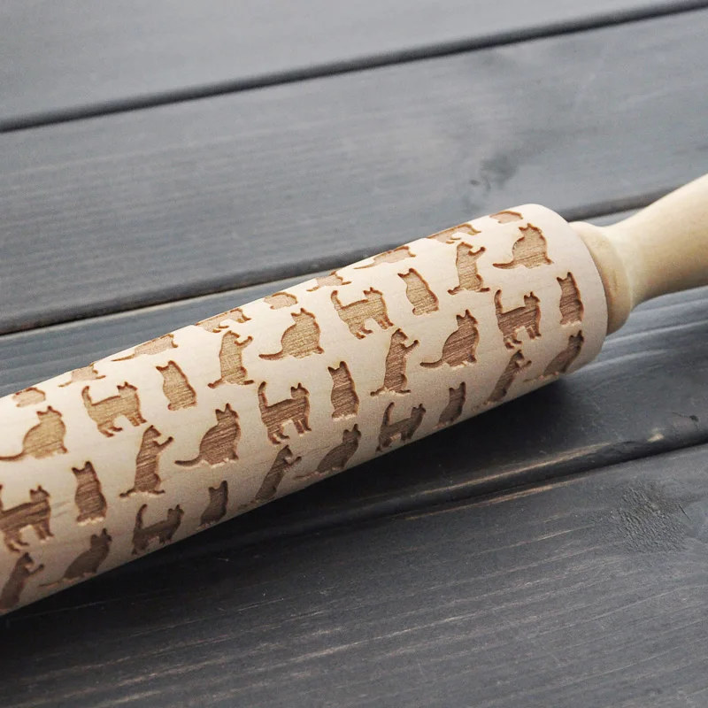 

Wooden rolling pin, CATS pattern Embossing Rolling Pin, Engraved rolling pin with cats for embossed cookies, Housewarming gift