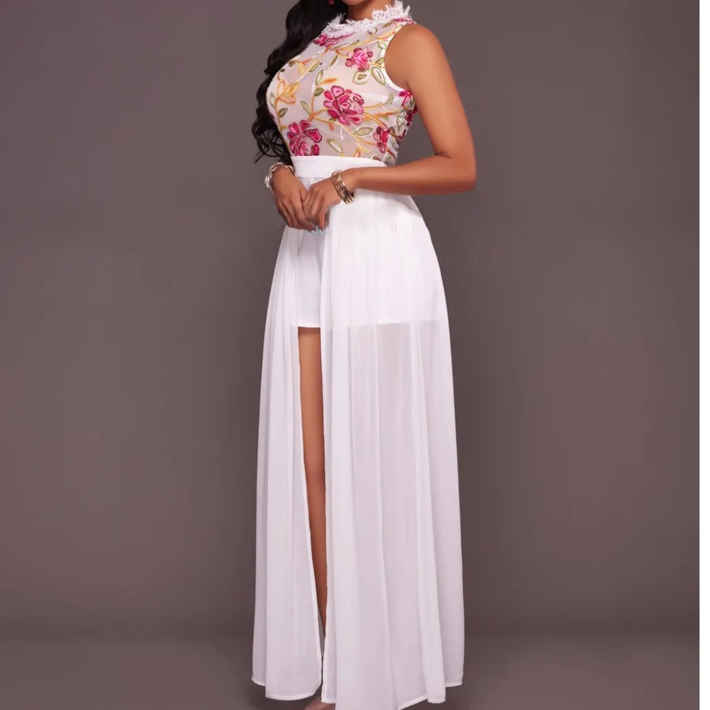 

The New Women's Sleeveless Perspective Mesh Embroidery Elastic Dresses Saxy Ladies Summmer Dress