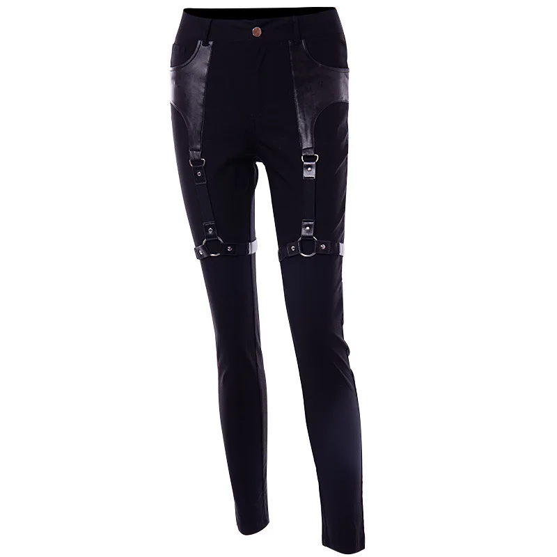 PU Leather Spliced Punk Pencil Pants PU Garter Belt Decoration Hipster