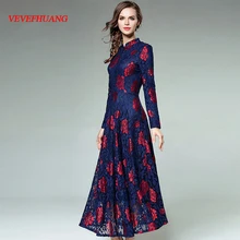 NOVA Mulher Qualificado Rendas Maxi Vestido de Festa Ladies Floral Impresso Elegante A-Line Vestido Femme Vestidos