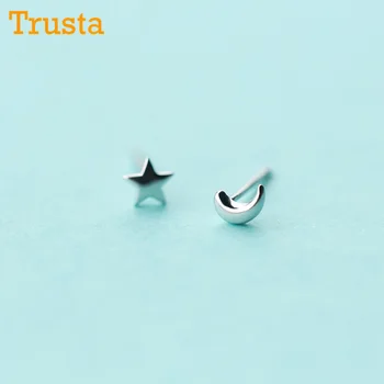 Trusta 100% 925 Sterling Silver 2017 Women Jewelry Fashion Cute Tiny Asymmetric Moon Star Stud Earrings For Daughter Girls DS127