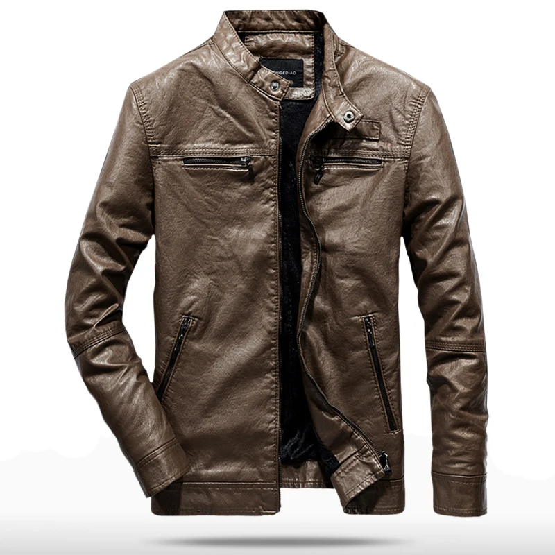 

2019 Spring Autumn PU Leather Jacket Men Slim Fit Coat Stand Collar Zipper Jackets Solid Color Casual B Leather Coat WN33