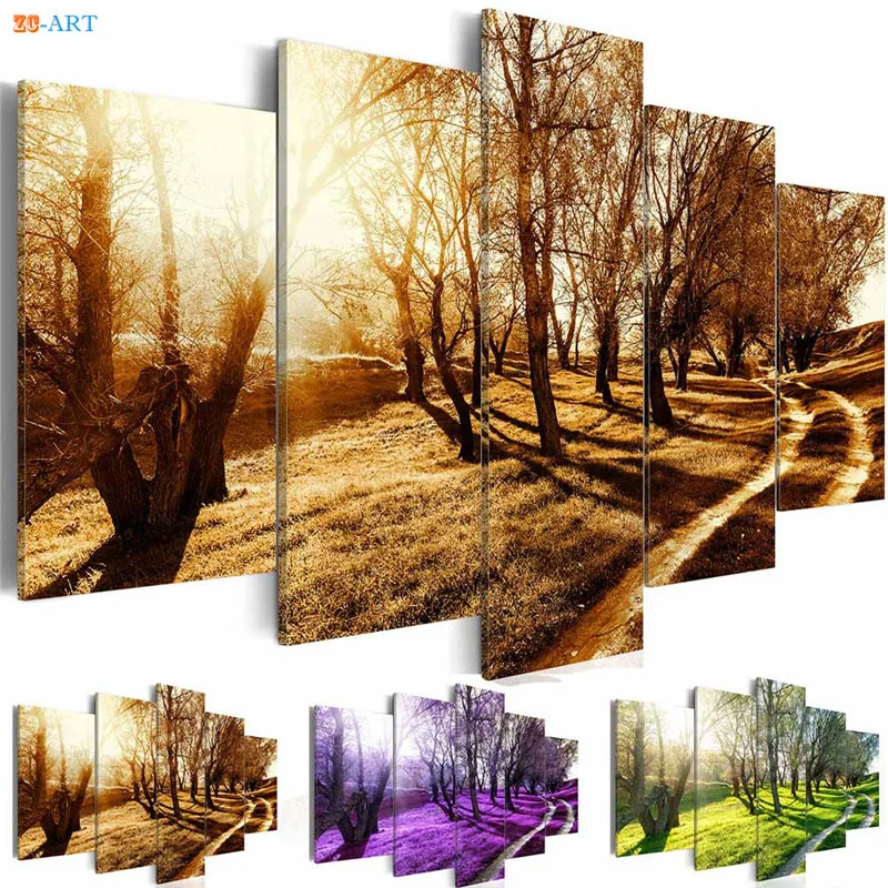 

Trees Sunshine Lawn Prints Canvas Painting 5 Pieces Forest Landscape Poster Modern Natural Modular Pictures Wall Art Home Decor