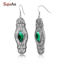 Szjinao Marquise длинные серьги 3.4ct зеленый изумруд Винтаж Стерлинговое Серебро-ювелирные изделия 925 Серебро Висячие серьги из Индии